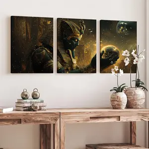 3 Piece Set Wooden Framed Canvas Poster, Pharaoh, Anubis, Ancient Egyptian Mythology Aesthetics, Mystical Art, Black Cat, Scepter, Retro Style, Home Decor, Artwork, Art Print, Wall Art for Living Room, Bedroom, Office, Hallway, Ideal Gift For Friends.