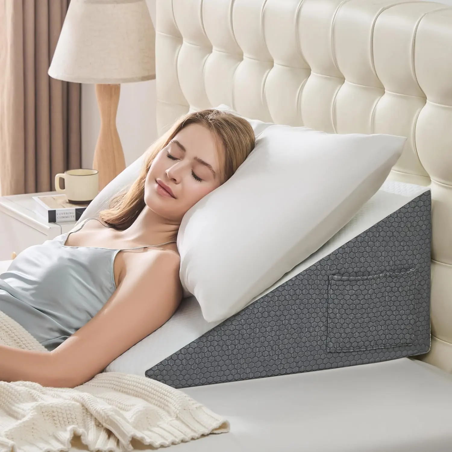 Wedge Pillow for Sleeping - Bed Wedge for Headboard Pillow, Wedges for Acid Reflux, GERD, Snoring, Post Surgery Back Pain Relief, Leg Elevation(White Grey, 24*24*7.5 inch)