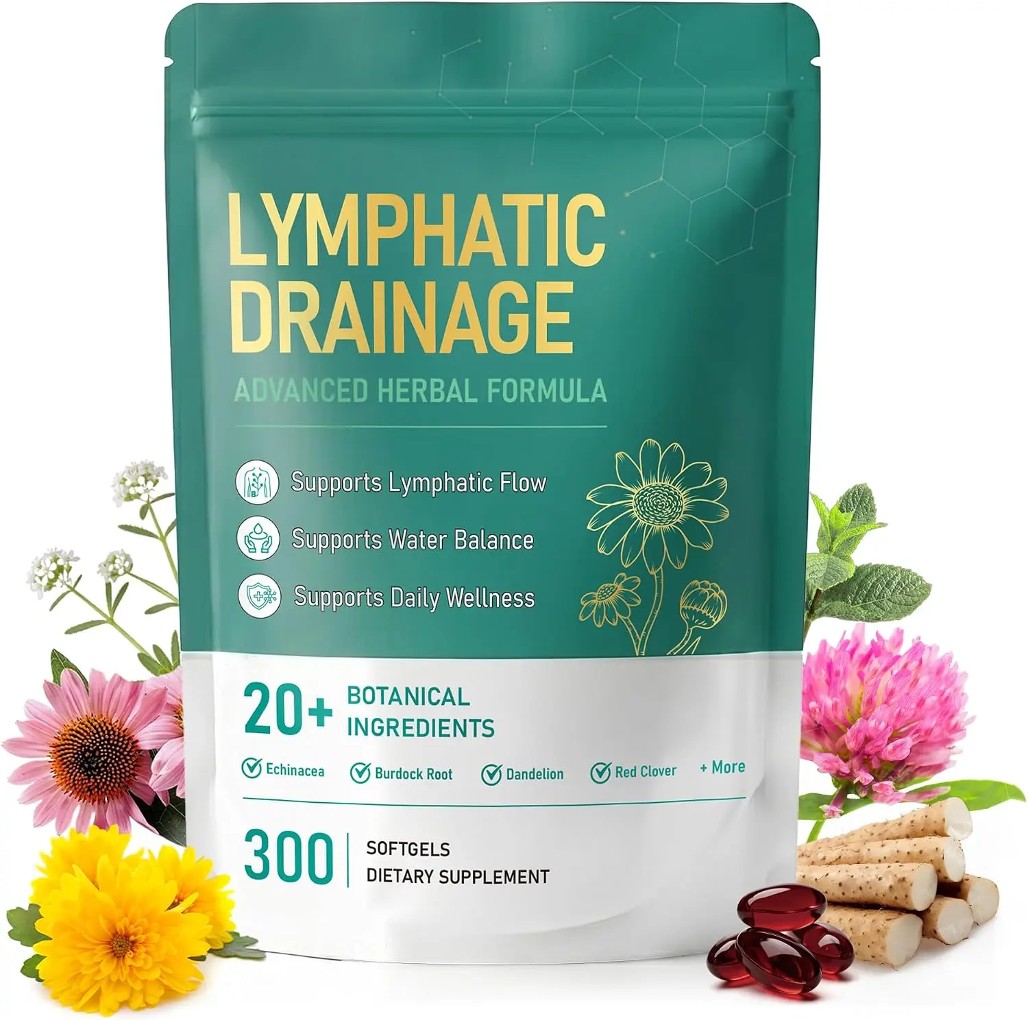 Lymphatic Drainage Supplement 300 Softgels – 21-in-1 Herbal Blend with Burdock Root, Echinacea & Dandelion for Lymph System Support, Healthy Fluid Balance & Immune Health for Women & Men