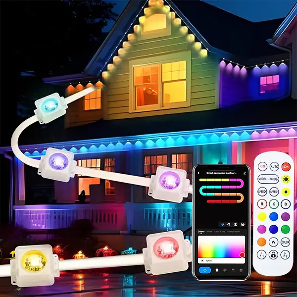 100/200FT Permanent Eaves Light RGBIC Outdoor Lighting with IP67 Waterproof, DIY Scene Mode Outdoor Roof Light, Smart Dual Control via Remote and App, 50/100 Feet Length, Suitable for Festival and Daily Decoration, Garden Decoration, Home, Party