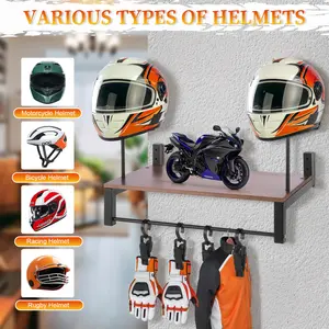 Wooden Motorcycle Helmet Holder with 5 Hooks Helmet Organizer Rack Wear Resist Metal Helmet Stand for Motorcycle Accesories Storage NEW