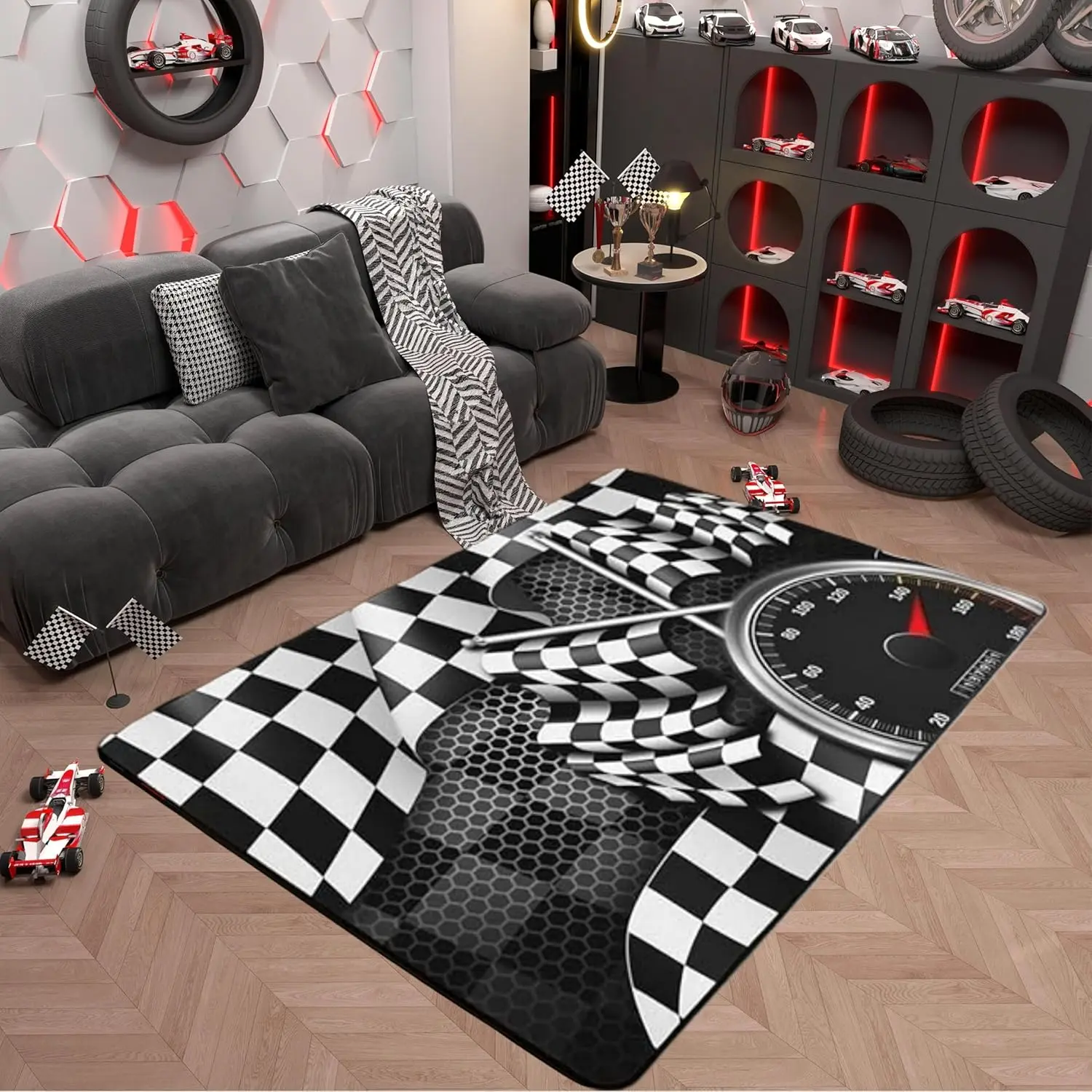 Racing Car Theme Area Rug 3'x5'(100cmX150cmX1cm),Black White Checkered Flag Non Slip Rug for Women Men,Honeycomb Geometric Indoor Floor Mat for Dining Room Backyard Decor