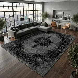 Washable Black Vintage Area Rug 8x10 5x8 4x6 ft. Super Soft Velvet Indoor Carpet with TPR Non-Slip Backing. Distressed Dark Medallion Floor Mat for Living Room Bedroom Dining. Pet Friendly Easy Clean Cozy Room Decor Suitable for Any Scene in Home.