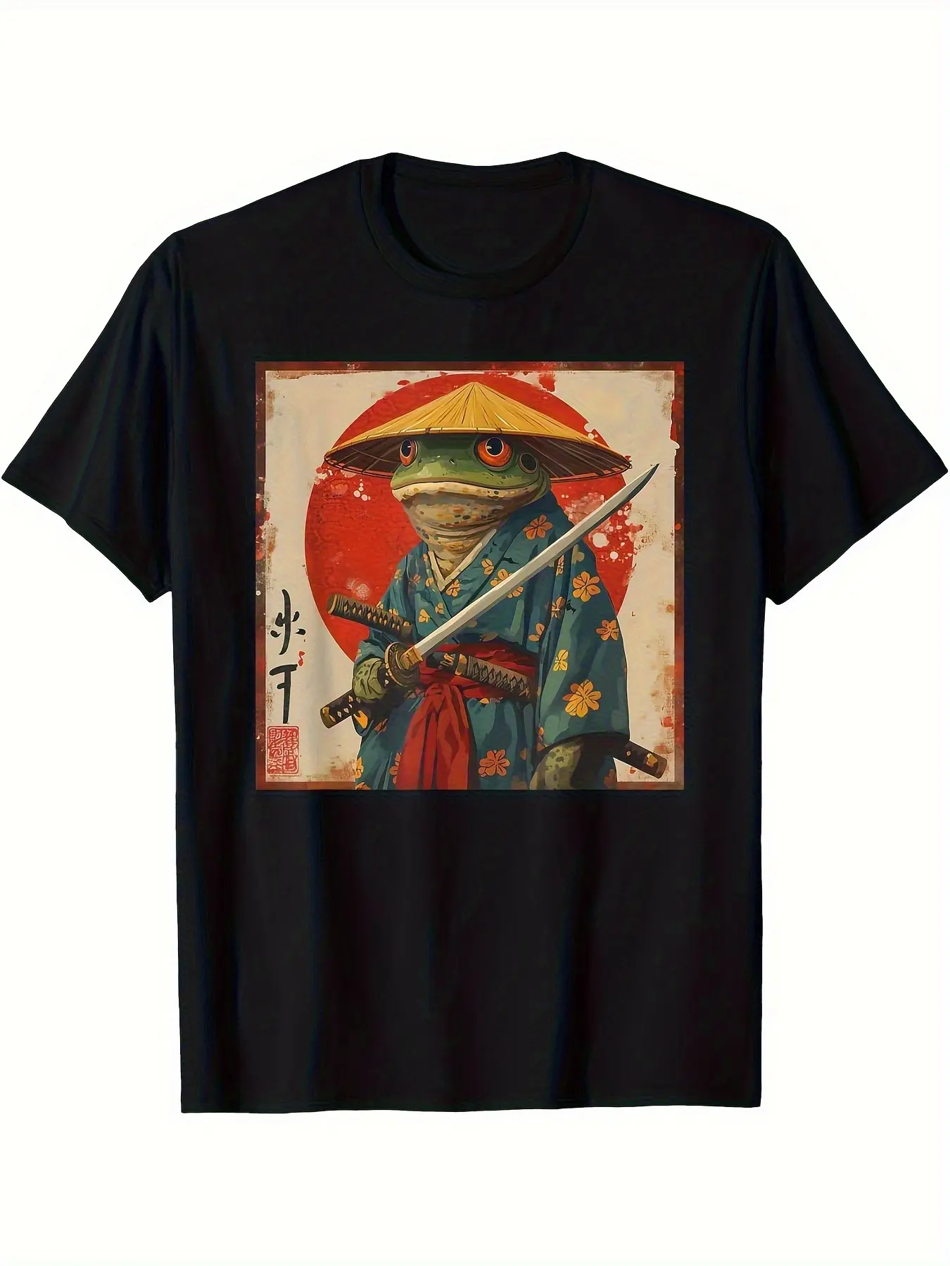 Japanese Woodblock Print Samurai Frog & Kanji T-Shirt - Unisex Plus Size 220gsm Pure Cotton Retro Ukiyo-e Male & Female Frog Warriors Graphic Tee