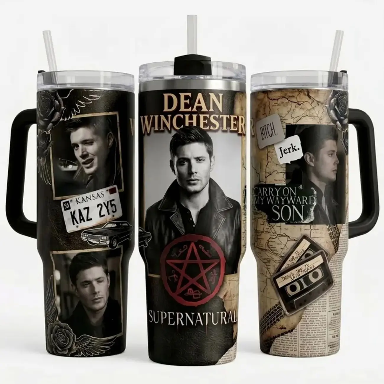 Supernatural Dean Winchester 40oz Tumbler – Vintage Hunter Style Stainless Steel Travel Mug with Handle