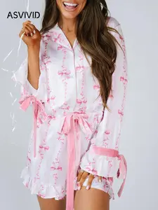 Women's All Over Print Shirt & Ruffle Trim Shorts Loungewear Two-piece Set, Casual Comfy Lapel Neck Top & Shorts Pj Set, Ladies Sleepwear for All Seasons, Sweetheart Pajama Set, Pajamas Sets Women