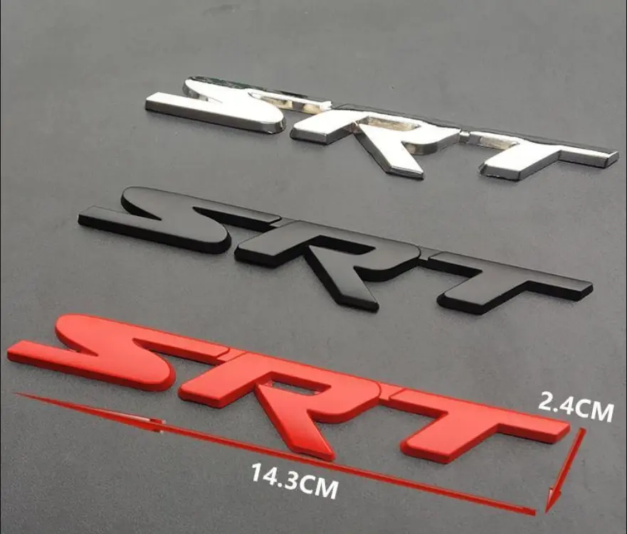 SRT 3D Black Metal Alloy Logo Grille Emblem Nameplate Decal - 14.3x2.3 cm Direct Replacement Parts for Dodge Charger Hellcat, Challenger, Jeep Grand Cherokee Rear Side - SRT Badge Car Stickers