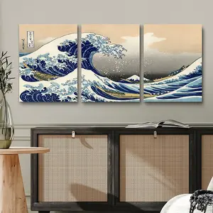 3 Piece Set Wooden Framed Canvas Poster, Japanese Ukiyo-E Art, The Great Wave Off Kanagawa, Retro Aesthetics, Japanese Style Home Decor, Art Print, Wall Art for Living Room, Bedroom, Office, Hallway, Ideal Gift For Friends.