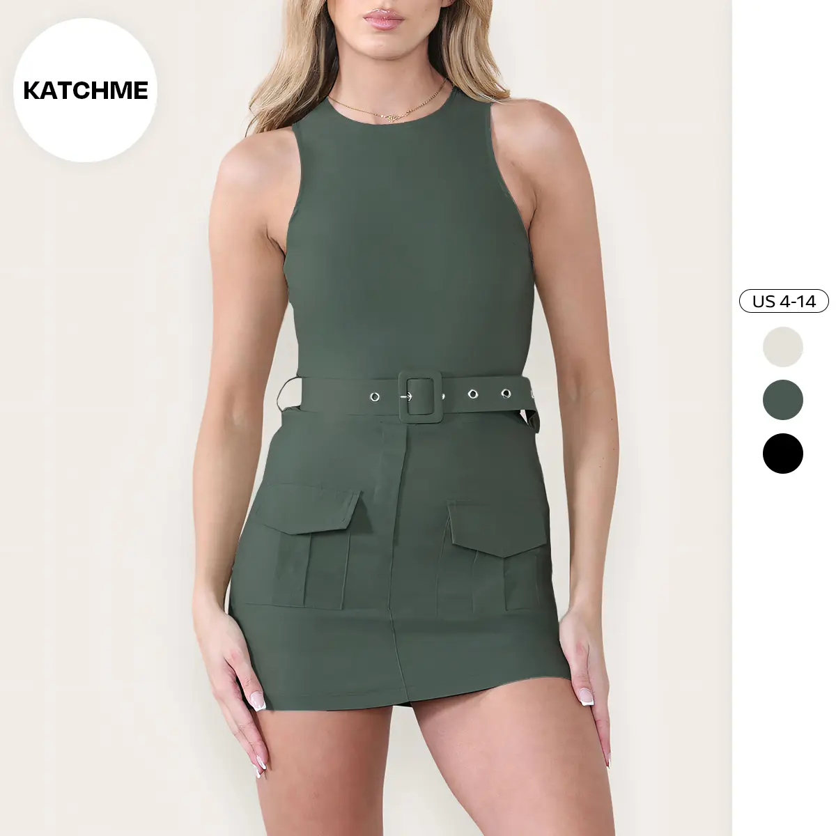 KatchMe Women's Trendy Plain Crew Neck Sleeveless Belt Decor Flap Pockets Tank Dress With Lined,Casual Tank Dress With Matching Belt,Basic Womenswear