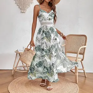 Bohemian Western Dresses for Women - Sleeveless Lace Trim High Waist A-Line Maxi Dress with Tropical Print | Casual Daily & Party Wear