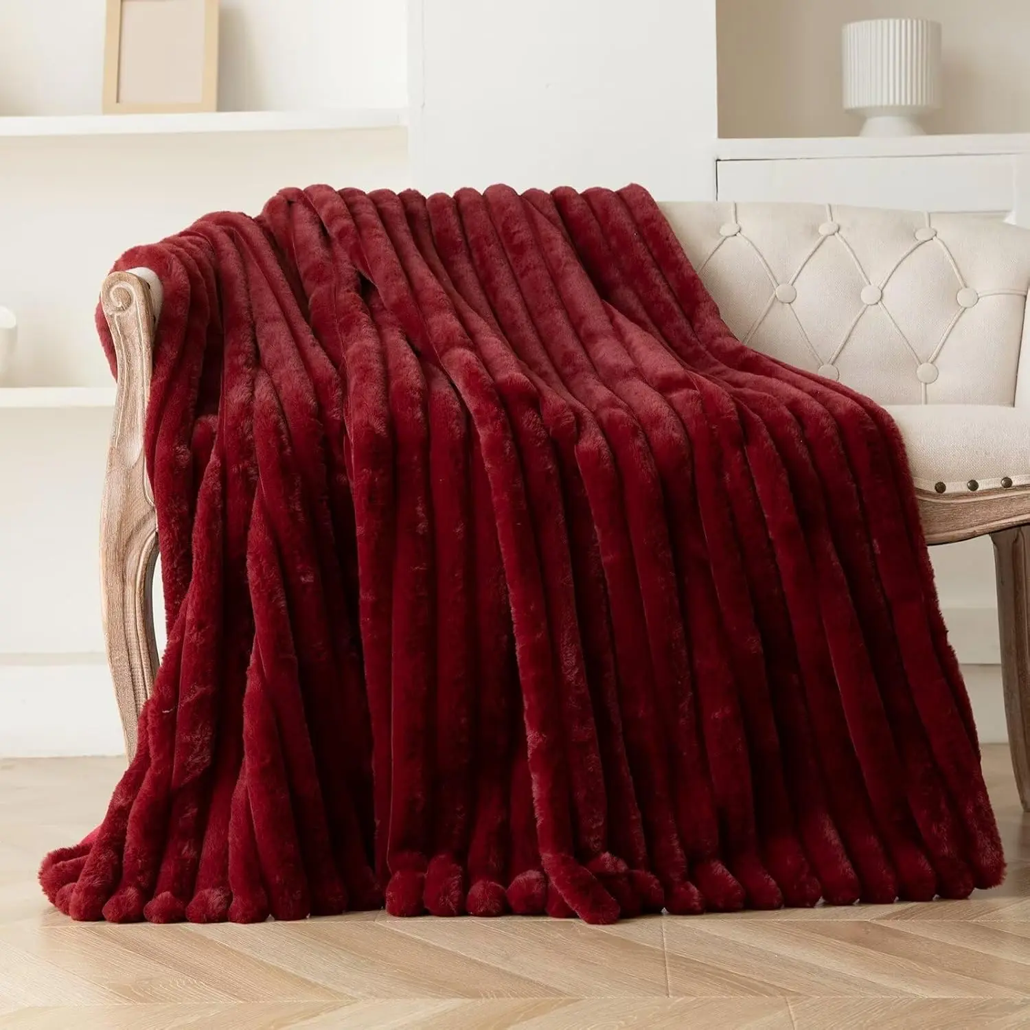 Burgundy Modern Christmas Faux Fur Throw Blanket - 50x60 in, 60x80 in, Fuzzy Warm Plush Striped, Luxurious Decorative Winter Accent for Couch, Machine Washable Pick for Parents