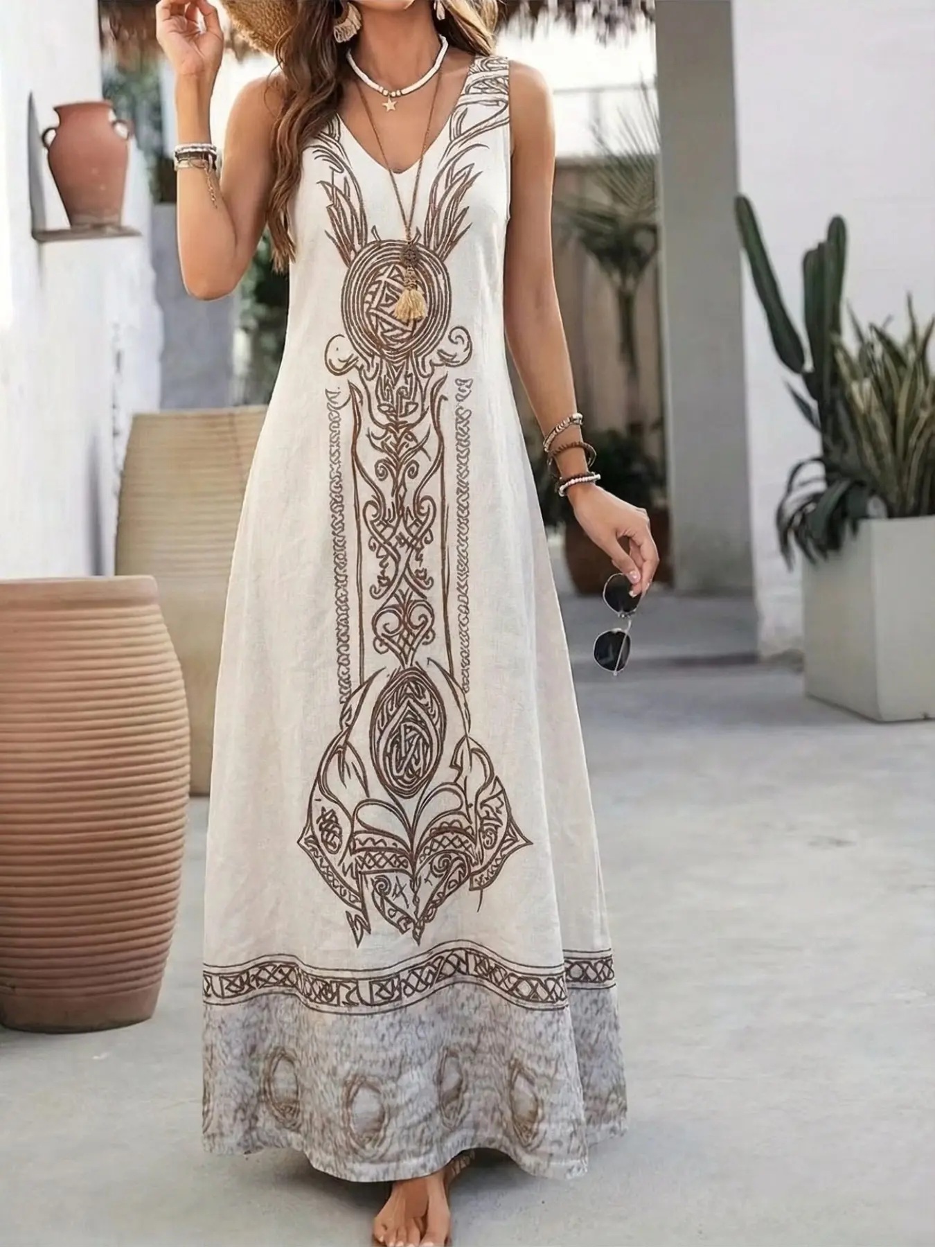 Elegant Women's Knit Knitted Sweater Dress, Printed Life Tree Design, V Neck Sleeveless Dress, Daily Wear, Casual Wear, All Seasons Fashion, Bohemian, Bohemian Chic Dress