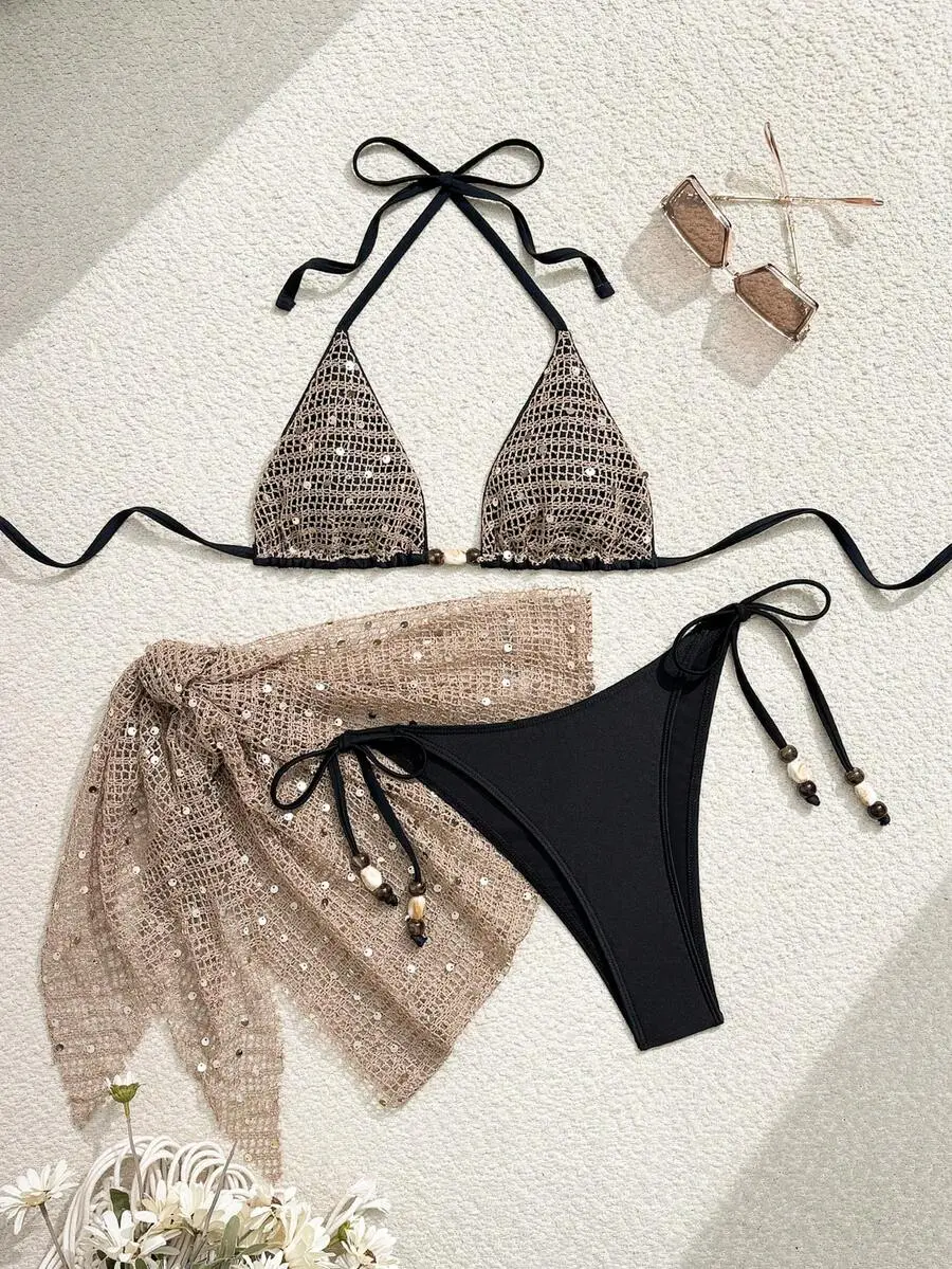 Trendy Women's 3-Piece Bikini Set with Sequin Glitter Halter Top & Mesh Sarong Skirt Cover Up, Sexy Beaded Side Tie Swimsuit Summer Beach Vacation