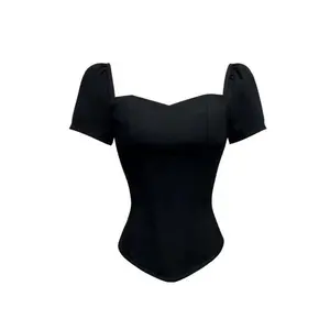 Women's Short Puff Sleeve Boned Corset Bustier Crop Top Sweetheart Neck Black Elegant Coquette Top for Date Night Party Daily Wear Evening Outing