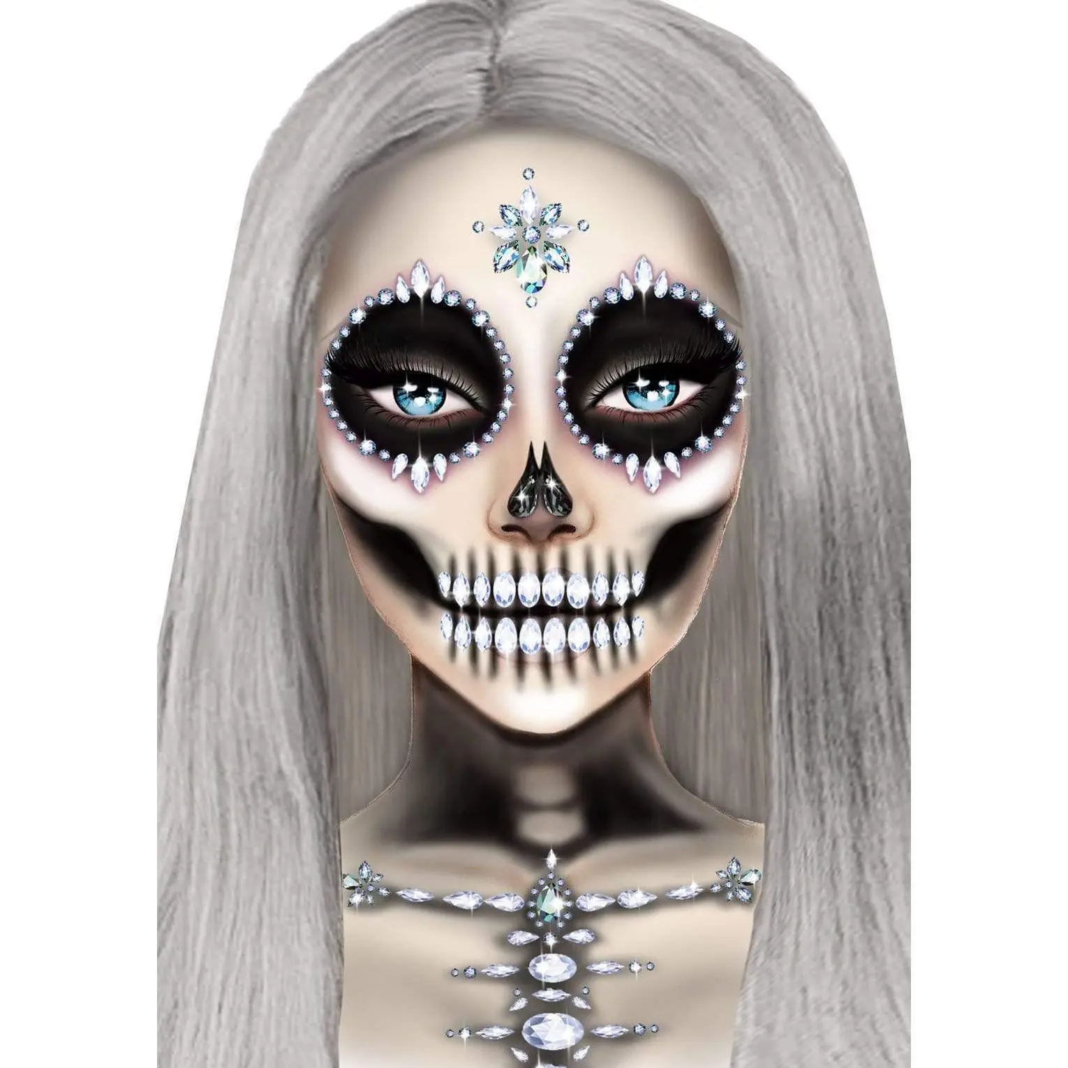 Skeleton Rhinestone Face Jewels, Stick-On Adhesive Body Gems with High Sparkle for Halloween Costumes, Raves & Music Festivals