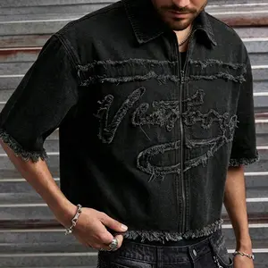 Men’s summer black distressed letter short-sleeve denim jacket — turn-down collar with zipper design, vintage wash fabric, cropped loose fit; a streetwear essential for trendy outings.