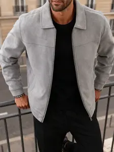 Men's Lightweight Business Lapel Jacket, Zip Closure, Faux Suede Fabric, Casual Slim Fit Outerwear, Easy Care