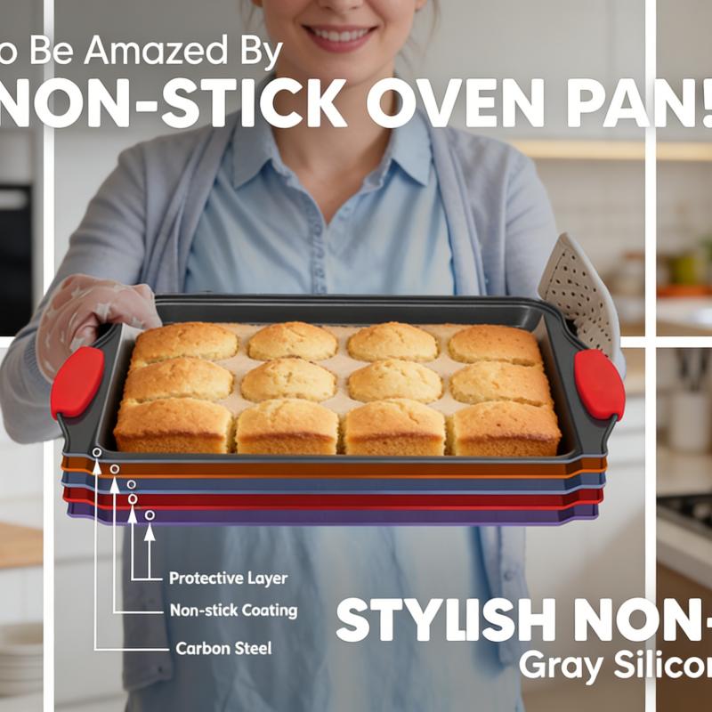 2 Piece Set Non-Stick Carbon Steel Oven Bakeware – Premium Kitchen Cooking Baking Trays – PFOA, PFOS, PTFE-Free Medium & Large Baking Sheet Pans with Soft Red Silicone Handles