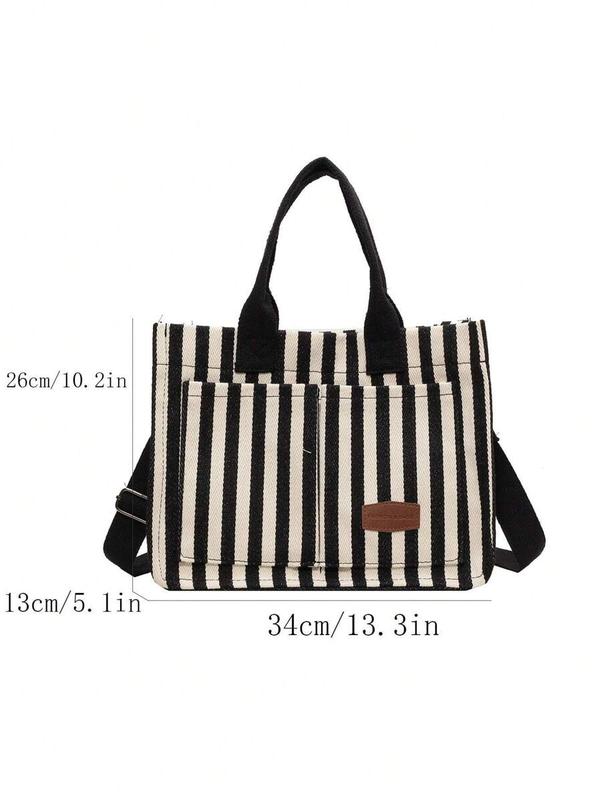 Stylish Black White Vertical Stripe Canvas Tote Bag with Shoulder Strap – Lightweight, Casual, Spacious, Durable Handbag for Women – Daily, Work, Travel, School Use