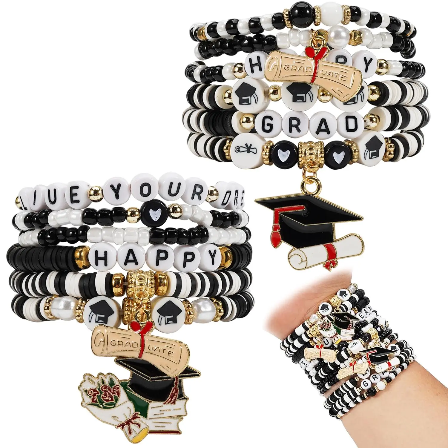 12 Pcs Graduation Wish Bracelets - Vintage Stackable Bead Stretch Charm Jewelry, 2026 Graduation Decorations for High School Seniors, Grad Celebration Party Supplies, Graduation Decorations 2026
