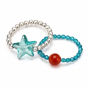 2PCS Ocean Star Stretch Ring Set for Women, Aqua Starfish Beaded Ring & Red Bead Ring, Summer Beach Vacation Jewelry