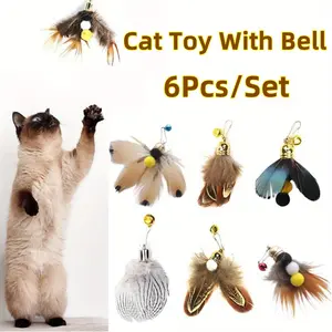 6PCS Cat Feather Toy Refills Cat Toy Wand Replacement Cat Feather Refills Cat Toy Accessories Interactive Cat Teaser Wand Attachments, with Bell
