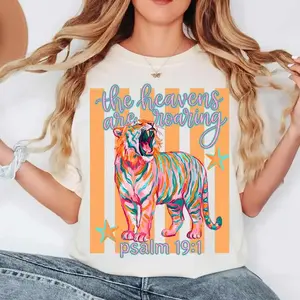 Comfort Colors The Heavens Are Roaring Tiger Tshirt, Christian Neon Tiger Tee, Psalm 19:1 Tshirt, Trendy Striped Religious Graphic Tee