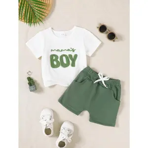Toddler Boy "Mama's Boy" 2-Piece Mystery Outfit Set Short Sleeve Summer Casual Tee & Waffle Shorts (Green,6M-3Y) XPP3277