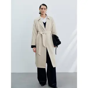 Women's 2026 Spring New Elegant Long-Sleeve Belted Wool-Polyester Blend Coats, Casual Outerwear, Standard Sizes, UWM150032+
