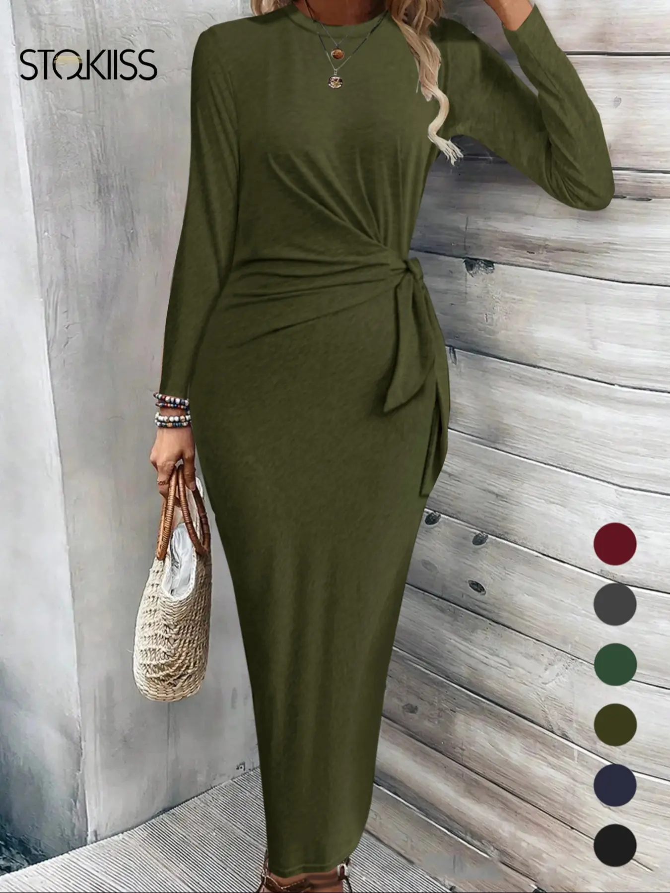 Women's Plain Knot Front Long Sleeve Bodycon Fit Dress, Casual Round Neck  Maxi Dress for Fall & Winter, Women's Clothing for Daily Wear, Womenswear -  TikTok Shop