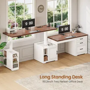63 In L-Shaped Electric Height-Adjust Wood Office Desk - Rustic Look Steel Frame Workstation with Drawers, Shelves, Power Outlet, Tiltable Tabletop, Adjustable Height Display