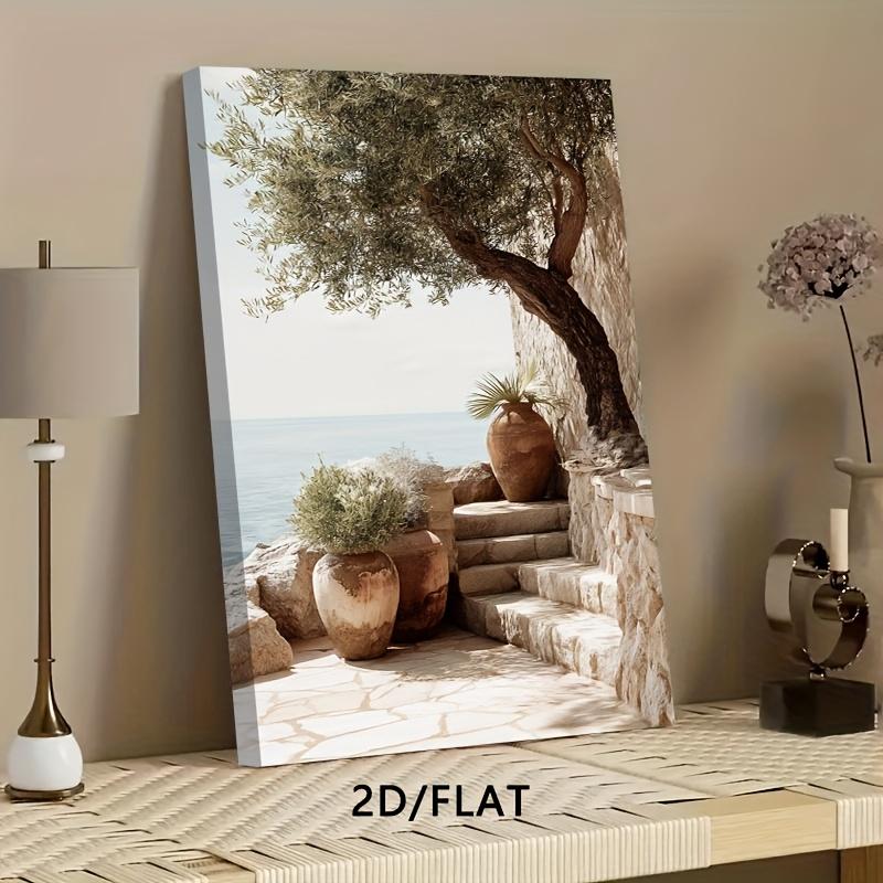 2D Flat Olive Tree Stone Steps Terracotta Pot Mediterranean Wall Art Print, Canvas Wrapped, Hook Type, Rustic Art Deco, Ideal for Living Room, Bedroom, Office, Dining Room, Coffee Shop, Holiday Gift, Outdoor Indoor, Modern Style, Solid Pattern