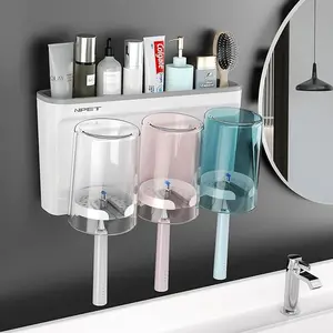 Toothbrush Holder Wall Mounted Bathroom Accessories with Dust-Proof Inverted Toothbrush Slots, 2/3 Colored Cups & Multi-functional Storage Compartment, BPA-Free, Space-Saving & Tidying, Ideal for Home/Apartment Bathroom Hygiene & Organization
