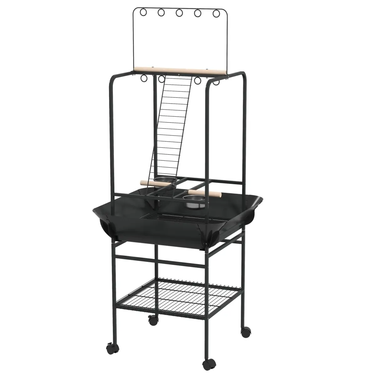 212 Main D10-096V00CG PawHut Bird Stand with Wheels, Perches, Stainless Steel Feed Bowls & Pull-Out Tray for Indoor & Outdoor Small Parrot, Dark Gray