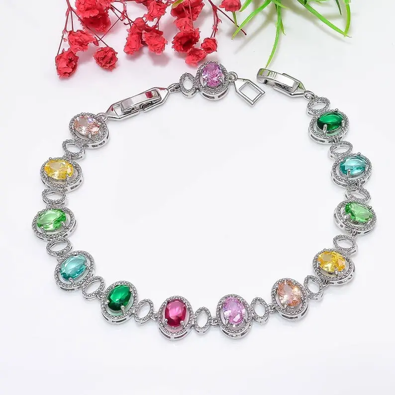 Sterling Silver Rainbow Oval Gemstone Tennis Bracelet, Multicolor Crystal Statement Jewelry