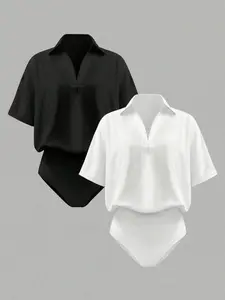Women's Spring Summer New Fashion Basic Comfortable Lapel Collared Short Sleeve Patchwork Fitted Jumpsuit Overalls Set, Outfit, 2 Piece, Stylish and Casual
