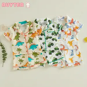 Baby Boy Dinosaur Tractor Summer Outfit, Button Down Lapel Short Sleeve Top & Shorts 2 Piece Set for Toddler For 1-4 Years