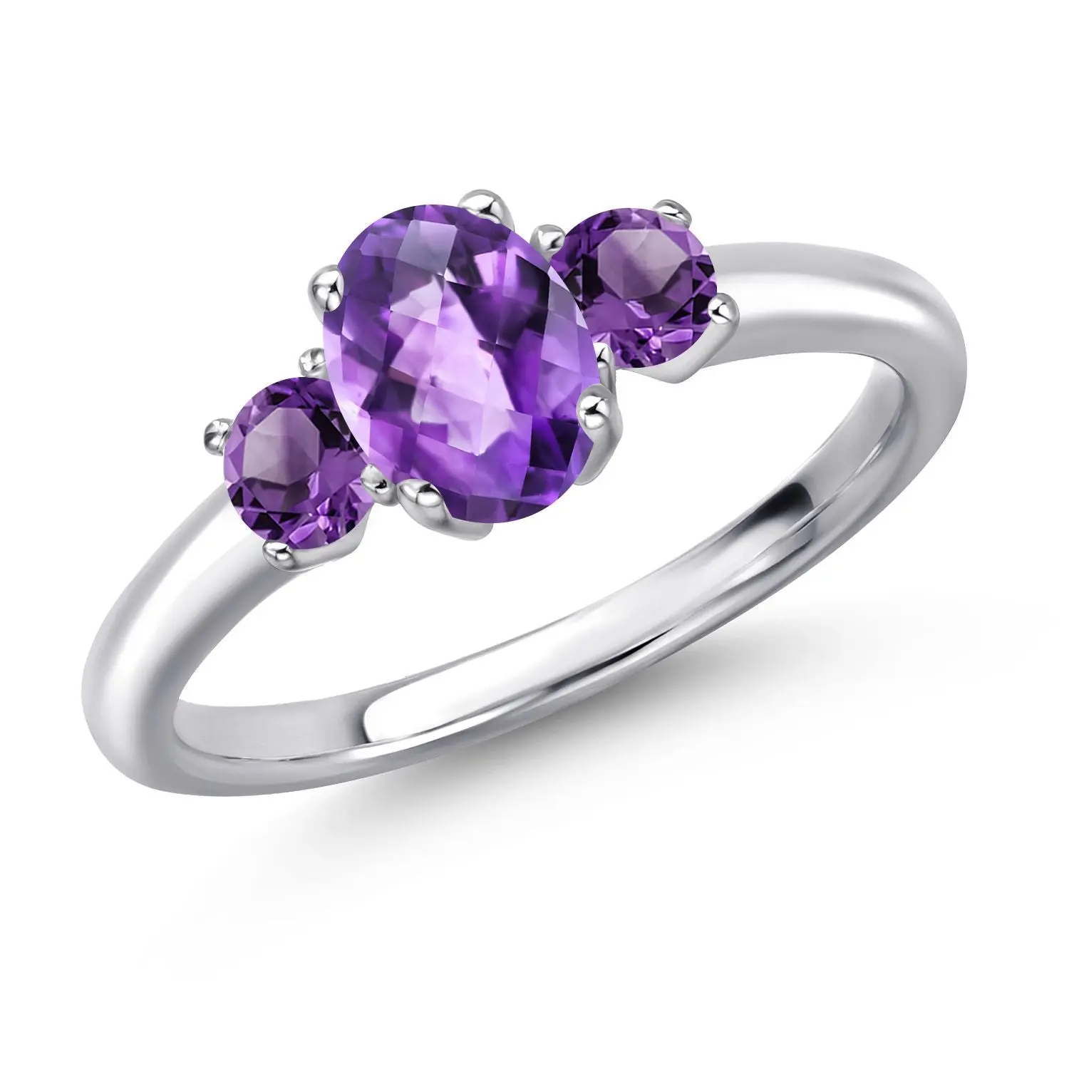Gem Stone King 925 Sterling Silver Jewelry Rings - Oval 7x5mm & Round 3mm Birthstone 3-Stone Women's Engagement, Fashion Promise, Everyday Ring (Sizes 5,6,7,8,9)