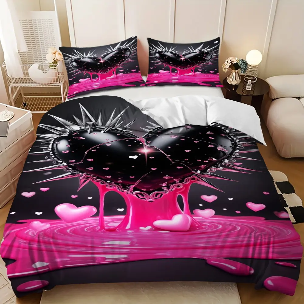 Bedding 3-piece set - 3PCS Black Heart Broken Heart Spiky Pink Liquid Down Comforter Set (1 comforter cover + 2 pillowcases, filling not included) A gift for family and friends, soft and comfortable, suitable for family bedrooms and guest rooms.