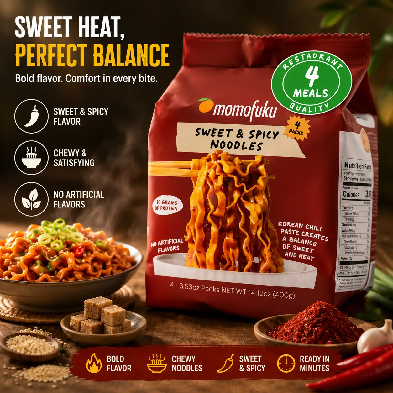 Momofuku Sweet & Spicy Chilli Ramen Noodles by David Chang - 4-Pack Restaurant-Quality Instant Noodles with More Sauce & 10g Protein