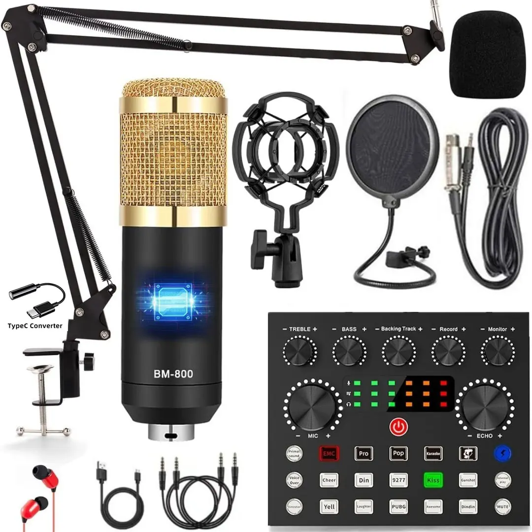 Safring Podcast Equipment Bundle, BM800 Podcast usb rechargeable Microphone Bundle with V8s Voice Change#r, Condenser Microphone Recording Studio Package for Podcasting Live Streaming Singing  TikTok YouTube dynamic mic sound card desk clamp  #Summervibes