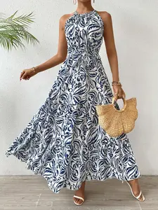 Women's Blue Floral Print Woven Dress, Mermaid Hem, Casual Vacation Style, All-Season Wear, Fitted Design, Perfect for Spring Summer Fall Winter