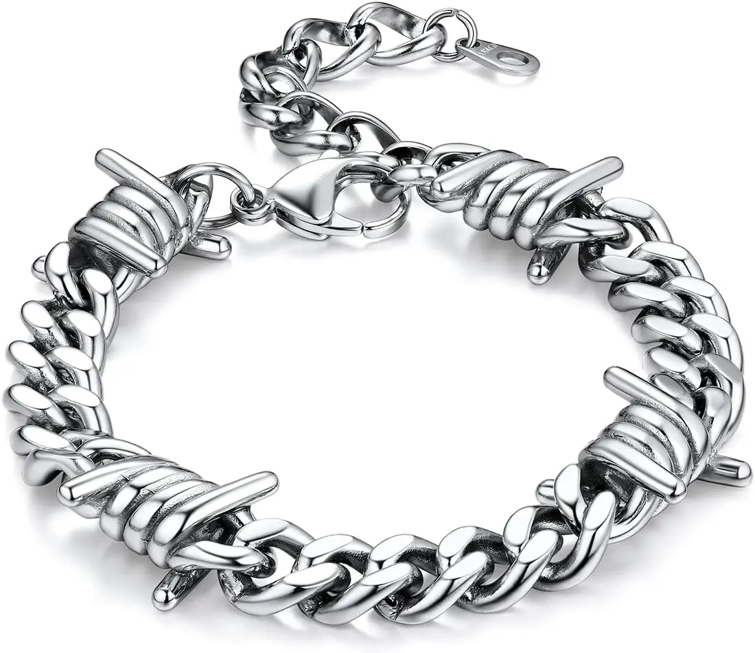 Men's Adjustable Size Emo Punk Barbed Wire Style 9mm Stainless Steel Chain Bracelet, Fashion Bangle