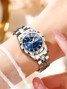 Women's Fashion Round Dial Stainless Steel Strap Quartz Watch, Rhinestone Decorated Watch, 30m Waterproof Watch with Calendar Function, Trendy All-match & Exquisite Watch for Birthday Gift with Box