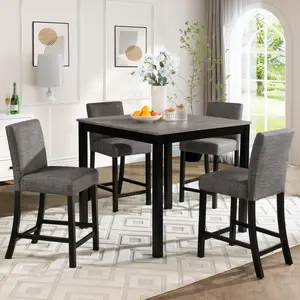 5-Piece Counter Height Table Set with 4 Chairs, Counter Height Table Set for 4 with Chairs, Wooden Counter Height Table Set for Kitchen, Dining Room, Light Grey & Black Two Tone