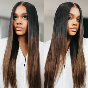 UNice Glueless Ombre Chestnut Brown Yaki Straight Wig with Drawstring Pre Cut 7x5 Lace Human Hair Wigs with Bleached Knots Beginners Friendly Natural Scalp