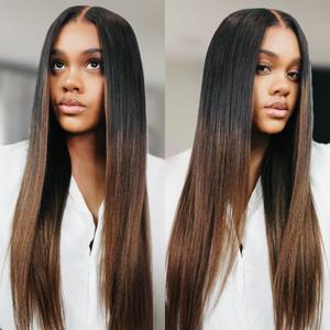 UNice Glueless Ombre Chestnut Brown Yaki Straight Wig with Drawstring Pre Cut 7x5 Lace Human Hair Wigs with Bleached Knots Beginners Friendly Natural Scalp summerwins