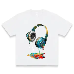 Men's Navy Blue Graphic Tee with Vibrant Headphone Print - 220g Thick Cotton, Casual & Trendy, Short Sleeve Crew Neck T-Shirt, Machine Washable for Summer Fashion, Street Fashion Tee |     Graphic Print Shirt |     Durable Casualwear