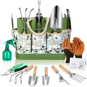 Garden Tools Set 10-, Heavy Duty Stainless Steel Garden Hand Tools with Floral Tote Bag - Rust-Proof Garden Tools for Gardening, Gardening Gifts for Women Mom