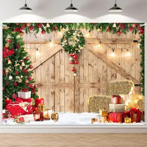 7x5ft Christmas Barn Wood Door Xmas Tree Backdrop for Holiday Party, Family Photography Background Home Decoration